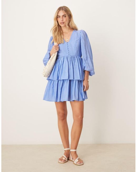 Y.A.S Blue Puff Sleeve Button Front Boho Mini Dress
