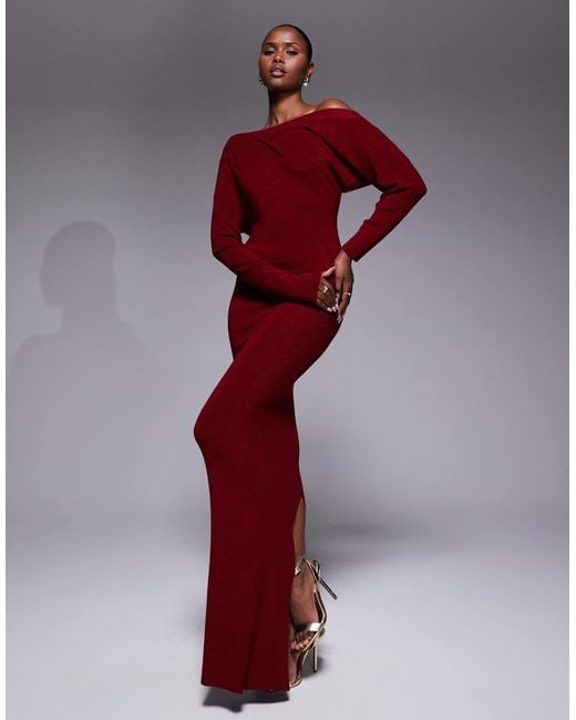 JLUXLABEL Night Shimmers Metallic Knit Off Shoulder Maxi Dress in Red | Lyst
