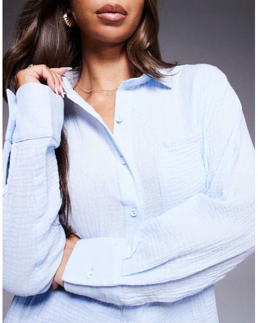 Camisa Con Detalle De Bolsillo De Bambula De (Parte De Un Conjunto) Missy Empire de color Blue