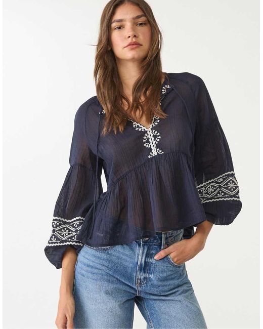 Stradivarius Blue Embroidered Blouse