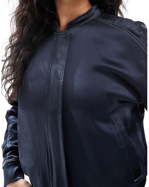 French Connection Blue Akita Ruched Sleeve Satin Bomber Jacket