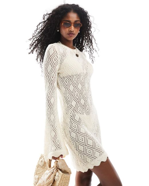 Miss Selfridge White Wide Sleeve Scallop Hem Knitted Beach Dress