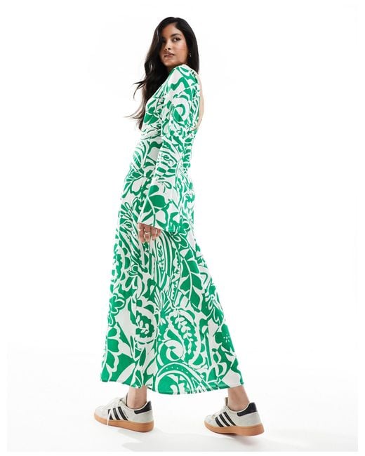 ASOS Green Viscose Slash Neck Midi Dress With V-back Detail