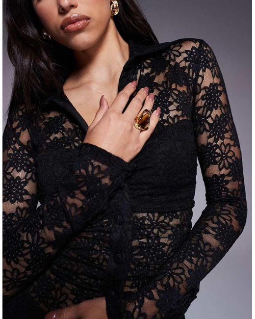 Wanderdoll Black Lacie Plunge Neck Long Sleeve Lace Shirt Co-Ord