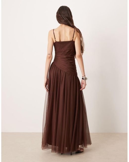 LACE & BEADS Brown Tulle Asymmetric Drop Waist Maxi Dress