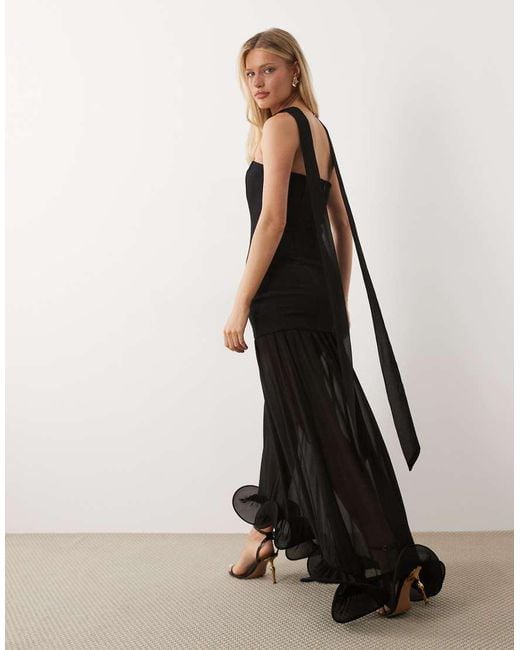 Gina Tricot Black Bandeau Frill Maxi Dress With Scarf