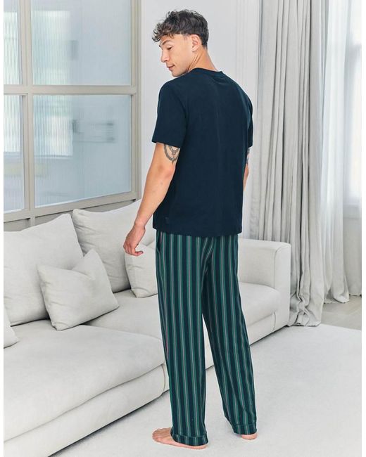 Chelsea Peers Blue Embroidered Fish Henley Stripe Long Pyjama Set for men