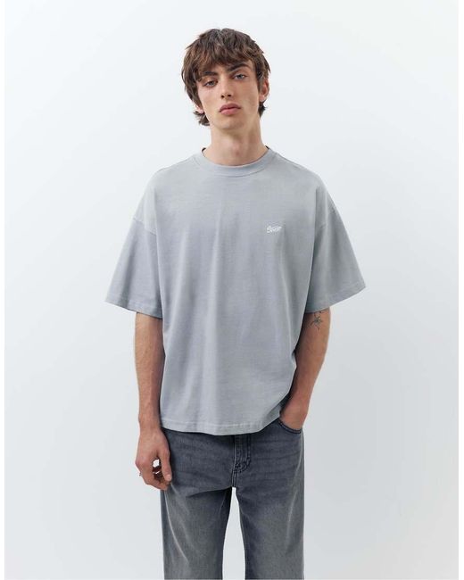 T-Shirt Squadrata Oversize Grigia Con Logo Stwd di Pull&Bear in White da Uomo