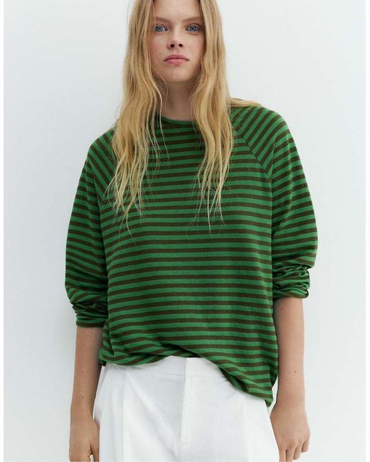 Pull&Bear Green Long-Sleeve Striped T-Shirt