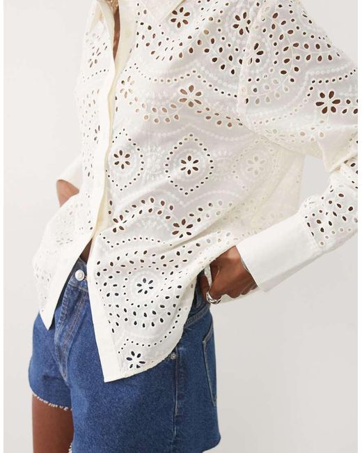 Mango White 100% Cotton Embroidered Shirt