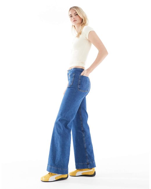 Stradivarius Blue Tall D77 Straight Leg Jean With Button Detail