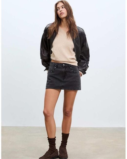 Stradivarius Black D62 Studded Denim Skort