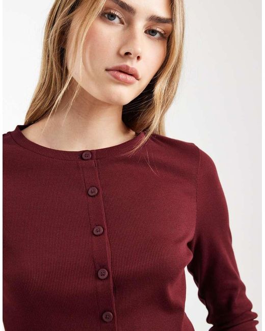 ASOS Red Cotton Rib Crew Neck Button Through Top