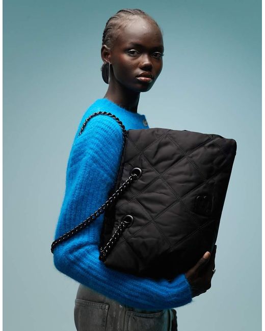 Bimba Y Lola Blue Large Quilted Shopper Bag With Chain Strap