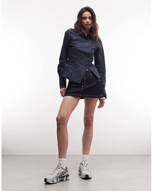 Weekday Asymmetrisch Gestreept Overhemd Met Split in het Blue