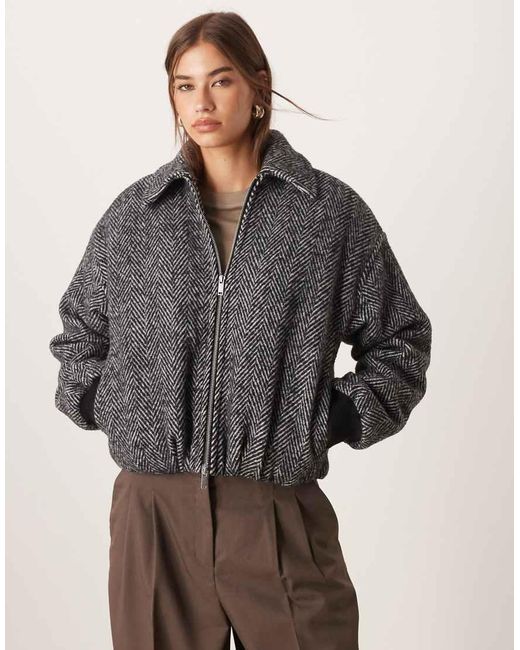 Abercrombie & Fitch Gray Herringbone Wool Look Bubble Hem Bomber Jacket