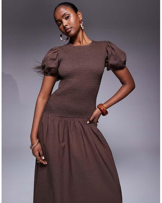 ASOS Gesmokte Maxi Jurk Met Verlaagde Taille in het Brown
