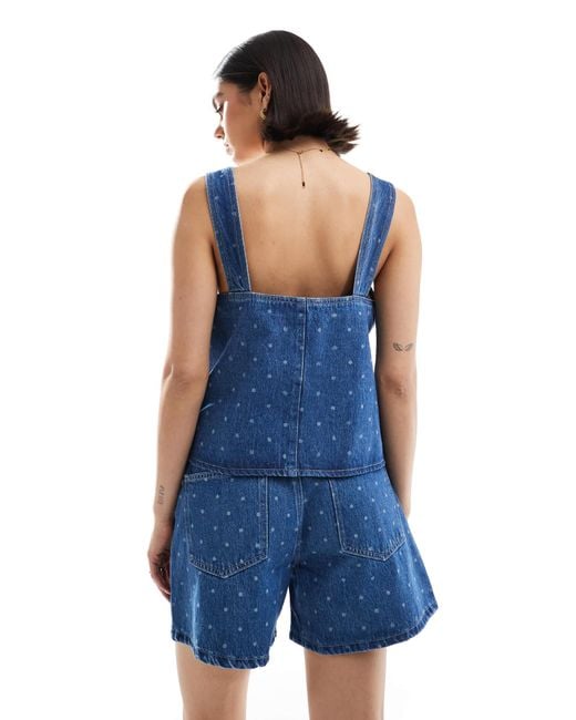 ASOS Blue Denim Square Neck Shift Top With Polka Dot Print