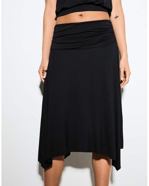 Bershka Black Gathered Modal Effect Midi Skirt