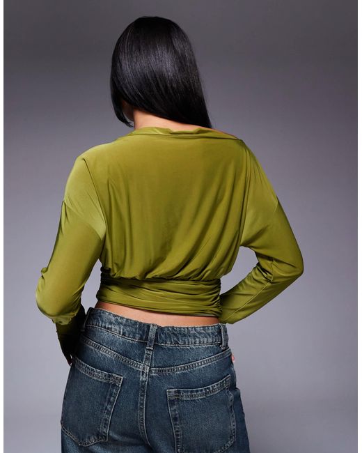 ASOS Green Slinky Asymmetric One Shoulder Long Sleeve Top With Cinch Waist Detail