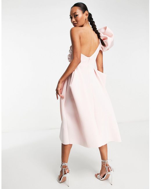 ASOS One Shoulder Origami Midi Prom Dress in Pink
