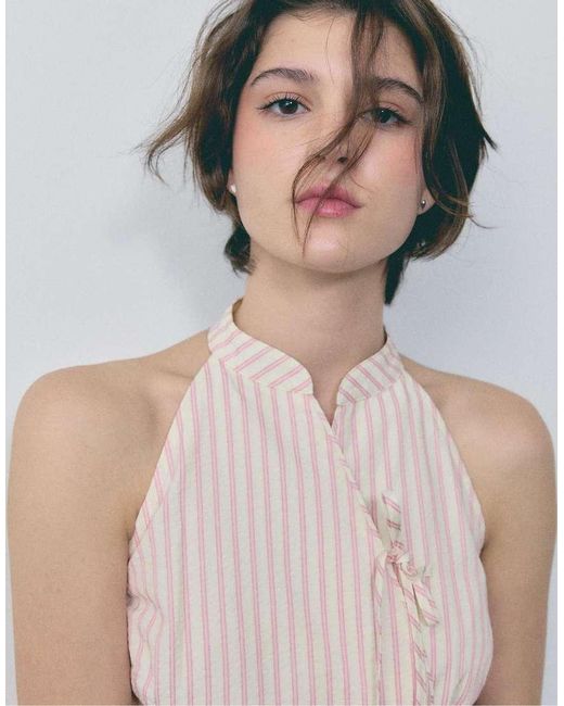 Stradivarius White Semi-wrinkled Knot Qipao Halter Top