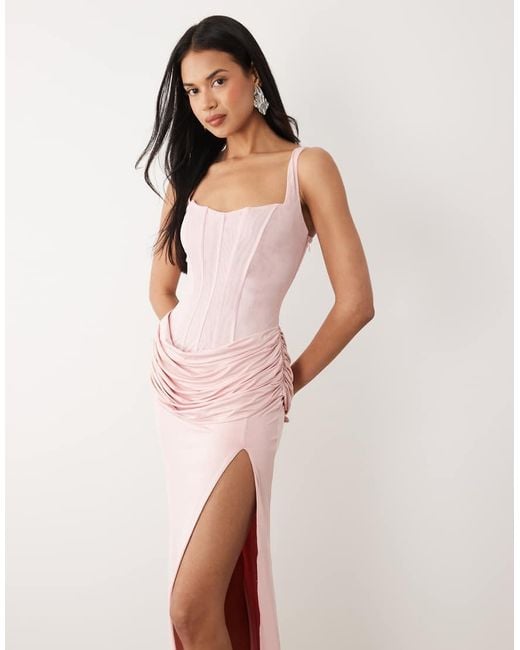 Oh Polly Pink Premium Square Neck Drape Waist Detail Maxi Dress