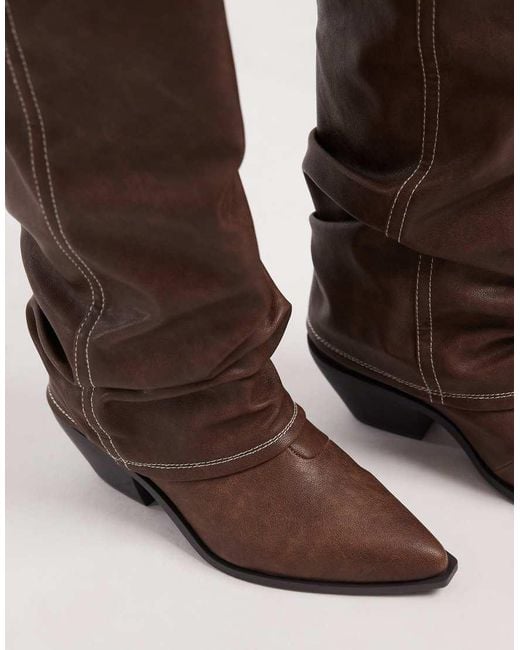 SEQWL Wide Fit Brown Western Knee Boots With Rouching