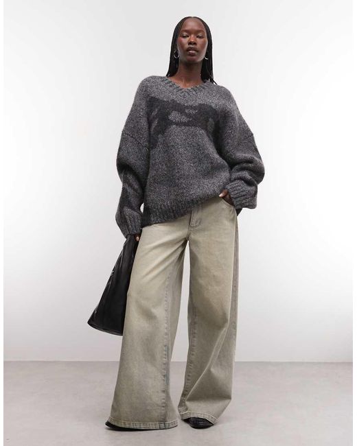 Weekday Black Wool Blend V Neck Jumper With Tonal Jacquard Graphic