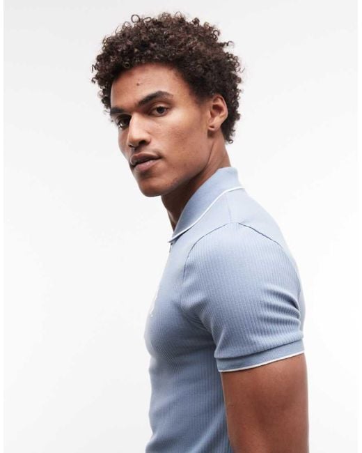 ASOS Blue Heavyweight Muscle Polo With High Build Embroidery for men
