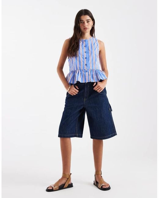 New Look Blue Stripe Peplum Shell Top