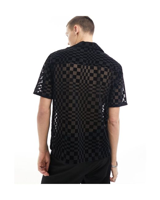 Twisted Tailor Black Checkerboard Burnout Short Sleeve Revere Shirt for men