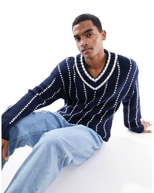 Gant – college-strickpullover mit nadelstreifen und v-ausschnitt aus schafwolle in Blue für Herren