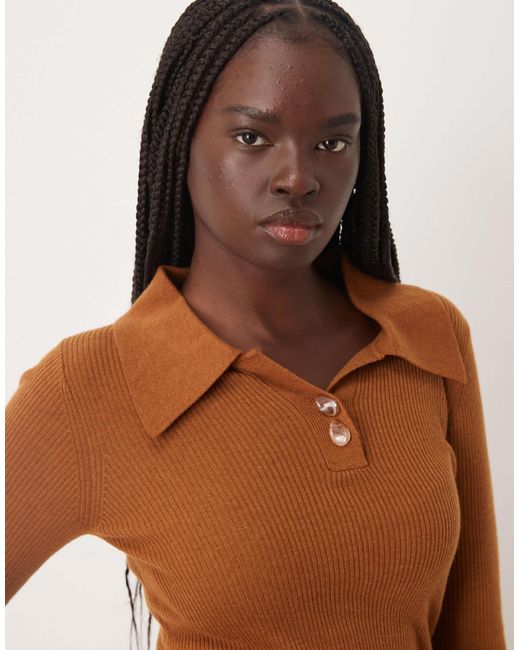 Mango Brown Polo Top With Flared Sleeves