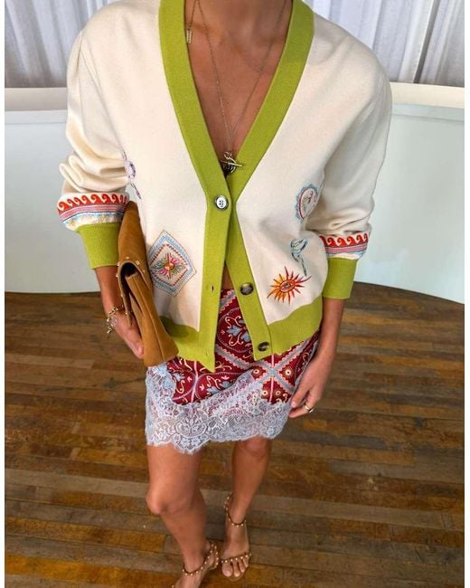 Never Fully Dressed Multicolor V Neck Button Down Embroidered Knit Cardigan