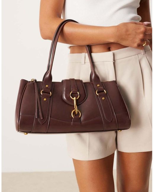 Mango Brown Retro Bowler Shoulder Bag With Clasp Detail