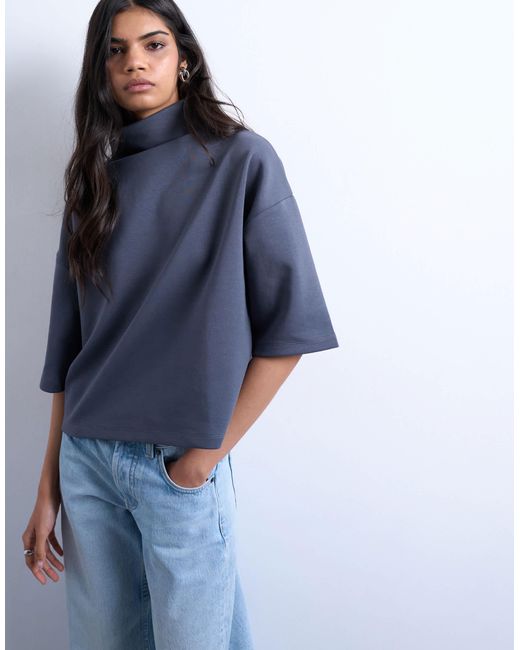 TOPSHOP Blue Interlock Funnel Neck Top