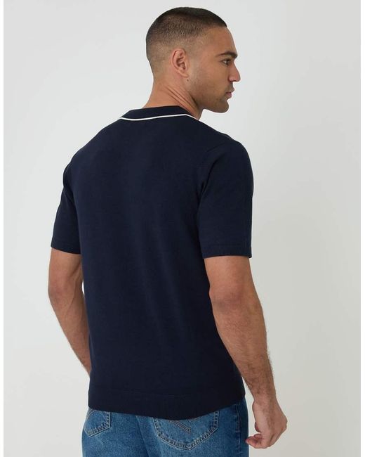 Threadbare Blue Knitted Contrast Tipping Trophy Neck Polo for men