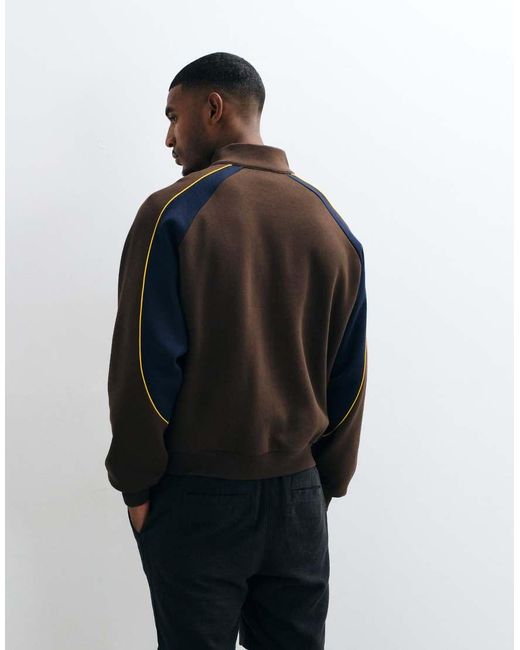 ASOS Black Relaxed 1/4 Zip With Cut & Sew Panelling And Contrast Piping for men