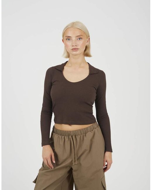 Brave Soul Natural Ribbed V-Neck Collared Top