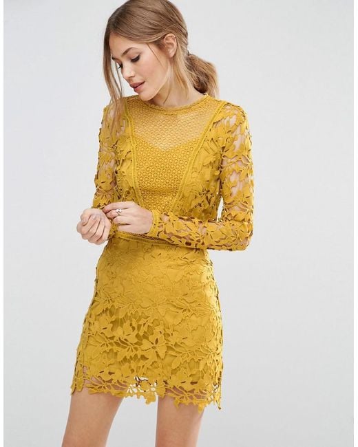 ASOS Yellow Mustard Lace Long Sleeve Panelled Shift Dress