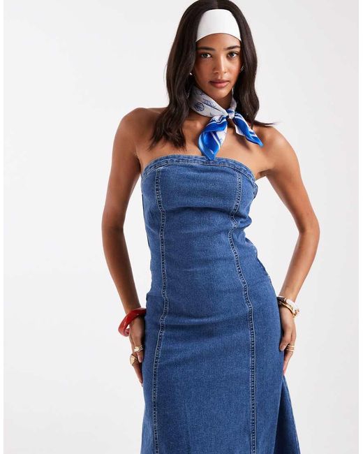 Vero Moda Blue Denim Bandeau Skater Dress