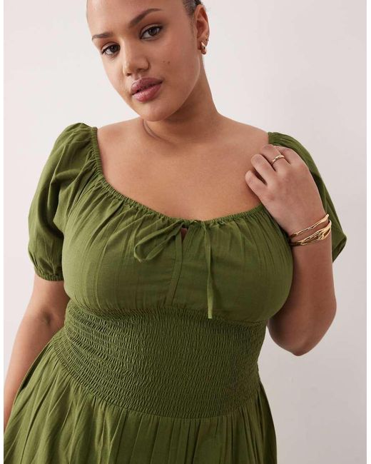 Esmee Curve Green Puff Sleeve Tie Front Maxi Beach Dress
