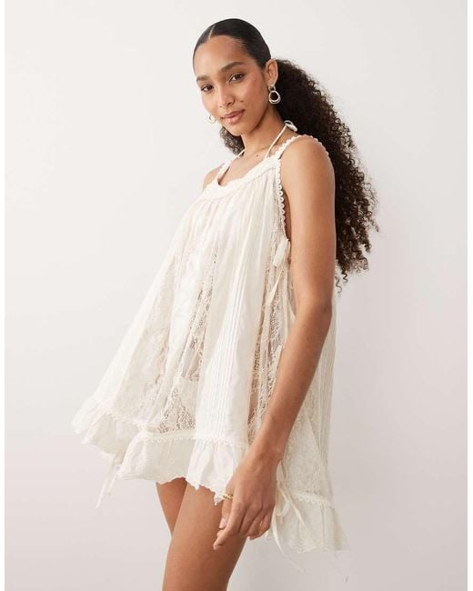 Miss Selfridge Natural Beach Tie Side Lace Embroidered Mini Dress