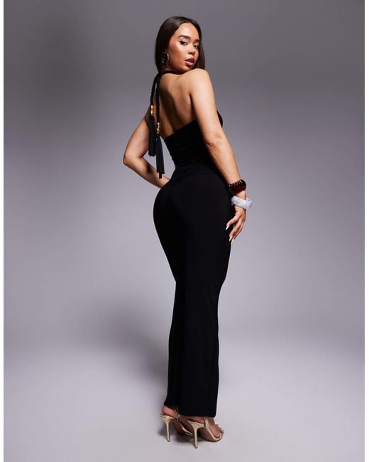 Fashionkilla Gray Exclusive Double Sculpted Slinky Halterneck Rope Detail Drape Back Maxi Dress