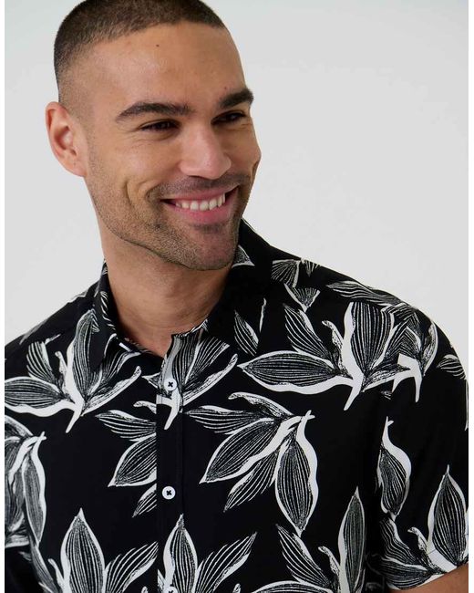 Threadbare Black Leaf Print Short Sleeve Shirt for men