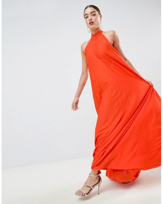 ASOS Backless Halter Pleated Maxi Dress in Orange | Lyst