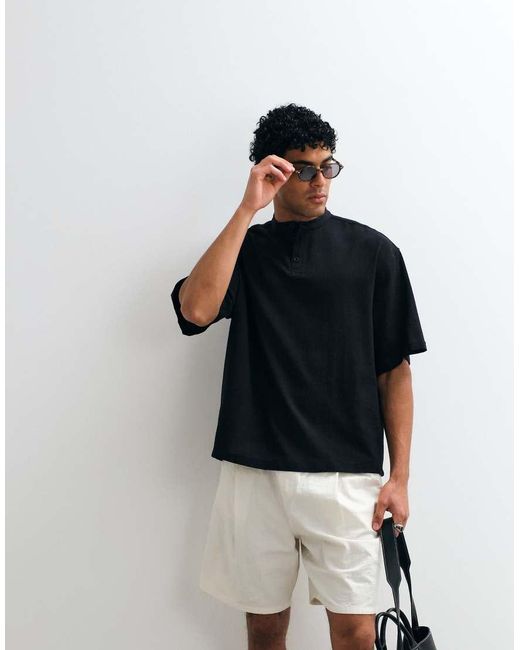 ASOS Blue Boxy Oversized Linen Look Shirt With Henley Collar for men