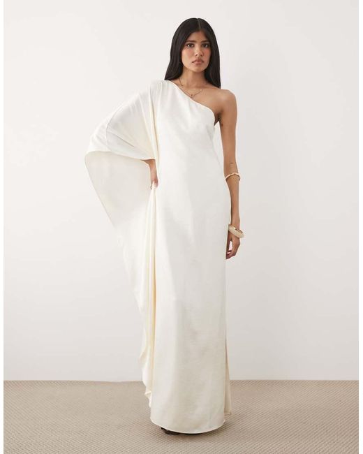 Six Stories Natural Satin One-shoulder Draped Bias Maxi Dress