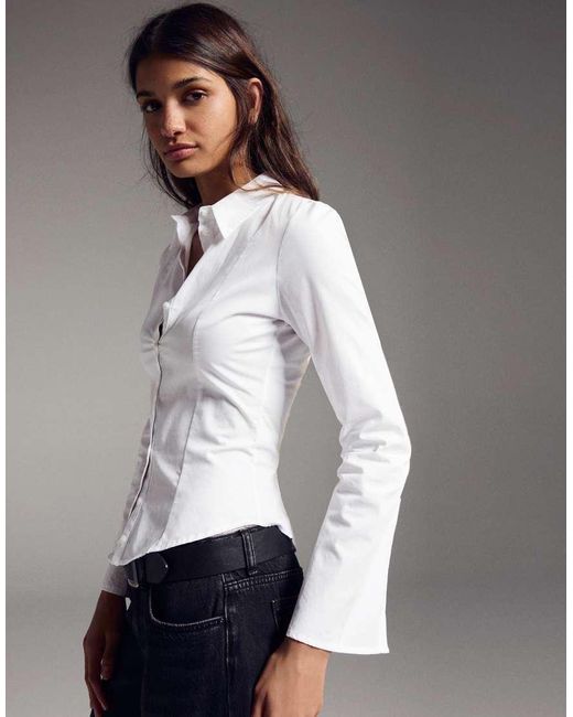 Bershka White Fitted Shirt With Flared Sleeves